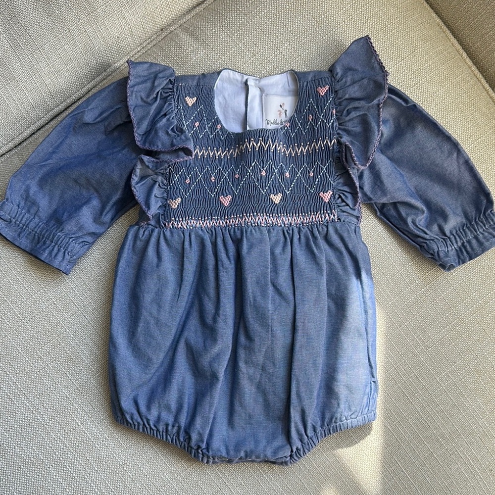 Maddie & Connor Chambray Blue Baby Romper with Embroidered Hearts
